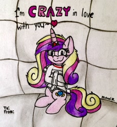 Size: 2034x2219 | Tagged: safe, artist:michaelmaddox222, character:princess cadance, species:alicorn, species:pony, bondage, colored, female, horn, horn ring, insanity, looking at you, magic suppression, padded cell, pencil drawing, princess yandance, restrained, signature, solo, straitjacket, traditional art, valentine's day card