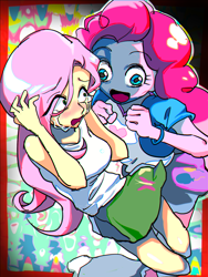 Size: 1500x2000 | Tagged: safe, artist:ceitama, character:fluttershy, character:pinkie pie, my little pony:equestria girls, clothing, crying, implied nightmare, miniskirt, scared, skirt, teary eyes