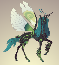 Size: 2332x2571 | Tagged: safe, artist:sutexii, character:queen chrysalis, species:changeling, alternate design, antennae, changeling queen, female, gradient background, horn, raised hoof, solo, spread wings, wings