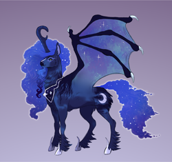 Size: 2524x2375 | Tagged: safe, artist:sutexii, character:princess luna, species:alicorn, species:pony, alternate design, bat wings, beard, chest fluff, cutie mark, facial hair, female, gradient background, horn, jewelry, mare, neck fluff, regalia, smiling, solo, spread wings, unshorn fetlocks, wings