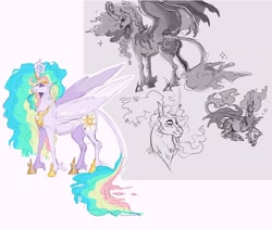 Size: 1024x870 | Tagged: safe, artist:sutexii, character:nightmare moon, character:princess celestia, character:princess luna, species:alicorn, species:classical unicorn, species:pony, species:unicorn, bat wings, beard, cloven hooves, cutie mark, facial hair, female, horn, leonine tail, mare, simple background, sketch, spread wings, unshorn fetlocks, wings