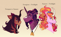 Size: 1173x716 | Tagged: safe, artist:sutexii, oc, oc only, oc:dawn deluge, oc:eve illume, oc:sunshower gleam, parent:sunset shimmer, parent:tempest shadow, parent:twilight sparkle, parents:sunsetsparkle, parents:tempestlight, parents:tempestshimmer, species:pony, species:unicorn, beard, clothing, curved horn, facial hair, female, glasses, gradient background, hair tie, horn, magical lesbian spawn, male, next generation, offspring, scrunchie, smiling
