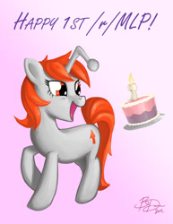 Size: 893x1155 | Tagged: safe, artist:imdrunkontea, oc, oc only, oc:karma, species:pony, species:unicorn, birthday, birthday cake, cake, cutie mark, female, food, mare, one year anniversary, ponified, reddit, solo, upvote, vector