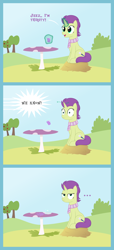 Size: 1800x3950 | Tagged: safe, artist:devfield, oc, oc:sky spark, species:pony, species:unicorn, ..., apple, bush, clothing, clover cafe, comic, dialogue, dropping, female, food, glass, grape juice, grass, grass field, hay, hay bale, inside joke, juice, levitation, magic, magic aura, mare, offscreen character, outdoors, scarf, shadow, show accurate, sky, smiling, speech bubble, spill, spilled drink, surprised, table, telekinesis, text, thirsty, tree, unamused