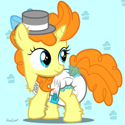 Size: 2000x2000 | Tagged: safe, artist:thunderdasher07, character:pumpkin cake, species:pony, species:unicorn, abstract background, baby, baby new year, clothing, cute, diaper, female, filly, fluffy, hat, new year, poofy diaper, pumpkinbetes, solo, top hat