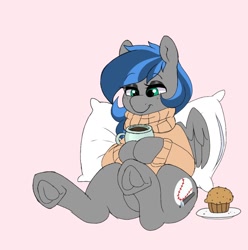 Size: 1016x1024 | Tagged: safe, artist:littlebibbo, oc, oc only, oc:bibbo, species:pegasus, species:pony, clothing, coffee, female, food, freckles, frog (hoof), holding, lidded eyes, looking down, mare, muffin, mug, pillow, sitting, smiling, solo, sweater, underhoof