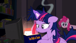 Size: 1280x720 | Tagged: safe, artist:yudhaikeledai, character:pinkie pie, character:twilight sparkle, character:twilight sparkle (alicorn), species:alicorn, species:earth pony, species:pony, animated, book, bookshelf, computer, cookie, cooking, egg, egg head, eyes closed, feather, female, food, heat, jumping, lantern, messy mane, pan, pancakes, plate, quill, smoke, sound, webm