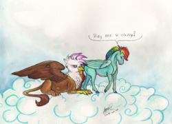 Size: 2888x2076 | Tagged: safe, artist:sagastuff94, character:gilda, character:rainbow dash, species:griffon, species:pegasus, species:pony, beautiful, cloud, duo, female, filly, filly rainbow dash, folded wings, hooves, mare, on a cloud, sky, spread wings, wings, younger