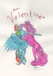 Size: 2056x2917 | Tagged: safe, artist:sagastuff94, character:pinkie pie, character:rainbow dash, species:earth pony, species:pegasus, species:pony, ship:pinkiedash, bipedal, duo, female, hooves, lesbian, mare, shipping, simple background, spread wings, wings