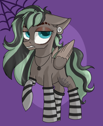 Size: 3224x3936 | Tagged: safe, artist:dumbwoofer, oc, oc:forest air, species:pegasus, species:pony, clothing, dyed mane, e-girl, edgy, eyebrows, gauge, ripped eyebrow, socks, solo, striped socks, tattoo, teenager