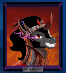 Size: 1800x2000 | Tagged: safe, artist:skunk bunk, character:king sombra, species:pony, species:umbrum, species:unicorn, armor, bust, cape, clothing, crown, crystal, egotistical, eye mist, fangs, frame, horn, jewelry, looking at you, male, mr big, narc (video game), narcissism, painting, portrait, red eyes, regalia, royalty, smiling, smirk, smug, solo, sombra eyes, stallion