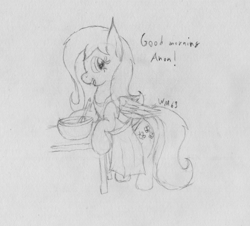 Size: 2724x2460 | Tagged: safe, artist:wapamario63, character:fluttershy, species:pegasus, species:pony, apron, clothing, dialogue, female, housewife, mare, monochrome, offscreen character, traditional art