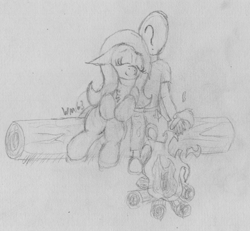 Size: 2450x2264 | Tagged: safe, artist:wapamario63, character:fluttershy, oc, oc:anon, species:human, species:pegasus, species:pony, campfire, cute, female, fire, leaning, log, mare, monochrome, traditional art