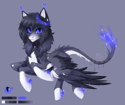 Size: 2208x1854 | Tagged: safe, artist:magicbalance, oc, oc only, oc:lumina azure, species:pegasus, species:pony, species:sphinx, bow, collar, cute, fangs, female, fire, fire magic, firetail, hybrid, jingle bells, looking at you, reference, reference sheet, shiny, solo, spread wings, tassels, wings, wreath
