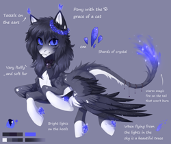 Size: 2208x1854 | Tagged: safe, artist:magicbalance, oc, oc only, oc:lumina azure, species:pegasus, species:pony, species:sphinx, bow, collar, cute, fangs, female, fire, fire magic, firetail, hybrid, jingle bells, looking at you, reference, reference sheet, shiny, solo, spread wings, tassels, text, wings, wreath