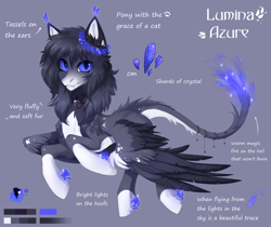 Size: 2208x1854 | Tagged: safe, artist:magicbalance, oc, oc only, oc:lumina azure, species:pegasus, species:pony, species:sphinx, bow, collar, cute, fangs, female, fire, fire magic, firetail, hybrid, jingle bells, looking at you, reference, reference sheet, shiny, solo, spread wings, tassels, text, wings, wreath