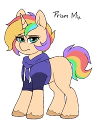 Size: 768x1024 | Tagged: safe, artist:littlebibbo, oc, oc only, oc:prism mix, species:pony, species:unicorn, clothing, female, freckles, hoodie, lidded eyes, looking at you, mare, simple background, solo, unshorn fetlocks, white background