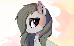 Size: 1535x964 | Tagged: safe, artist:aureai, character:marble pie, species:earth pony, species:pony, abstract background, bust, cheek fluff, chest fluff, cute, ear fluff, female, looking back, marblebetes, mare, messy mane, portrait, profile, solo