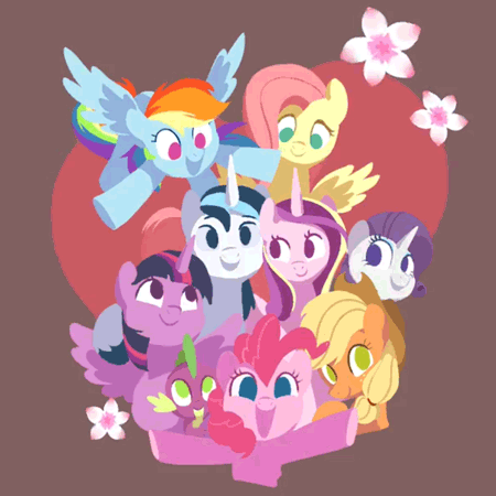 Size: 450x450 | Tagged: source needed, safe, artist:drtuo4, edit, character:applejack, character:fluttershy, character:pinkie pie, character:princess cadance, character:rainbow dash, character:rarity, character:shining armor, character:spike, character:twilight sparkle, character:twilight sparkle (alicorn), species:alicorn, species:dragon, species:earth pony, species:pegasus, species:pony, species:unicorn, ship:shiningcadance, animated, bbbff, brother and sister, brown background, cropped, cute, female, flower, flying, gif, happy, heart, kiss the girl, looking at you, male, mane six, mare, missing accessory, open mouth, shipping, siblings, simple background, smiling, spread wings, stallion, straight, video at source, wings