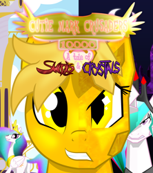 Size: 1600x1800 | Tagged: safe, artist:gatesmccloud, character:princess celestia, oc, oc:dream searcher, species:alicorn, species:pony, species:unicorn, bust, cover art, crown, duality, evil grin, female, grin, hair over one eye, jewelry, mare, peytral, regalia, smiling