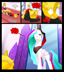 Size: 1600x1800 | Tagged: safe, artist:gatesmccloud, character:fancypants, character:princess celestia, oc, oc:dream searcher, species:alicorn, species:crystal pony, species:pony, species:unicorn, bowing, comic, dialogue, female, latex, latex suit, looking down, mare, peytral, wide eyes