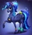 Size: 1022x1110 | Tagged: safe, artist:zazush-una, character:princess luna, species:alicorn, species:pony, g4, 80s princess luna, alternate hairstyle, blue background, bracelet, female, gradient background, hoers, jewelry, looking at you, mare, necklace, raised hoof, realistic horse legs, signature, simple background, smiling, solo, three quarter view
