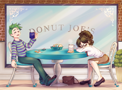 Size: 3400x2500 | Tagged: safe, artist:lucy-tan, character:donut joe, character:raven inkwell, character:spike, species:dragon, species:human, species:pony, species:unicorn, ship:ravenspike, canterlot, coffee, commission, donut, female, food, glasses, hair bun, humanized, male, older, older spike, secretary, shipping, sleeping, straight, tired