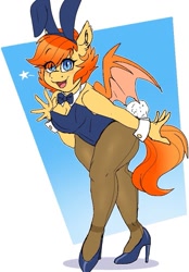 Size: 701x1005 | Tagged: safe, artist:littlebibbo, oc, oc only, oc:jellybean, species:anthro, species:bat pony, species:pony, bat pony oc, bow tie, breasts, bunny ears, bunny suit, bunny tail, clothing, cuffs (clothes), ear fluff, fangs, female, happy, high heels, leotard, looking at you, mare, open mouth, pantyhose, shoes, slit eyes, smiling, solo