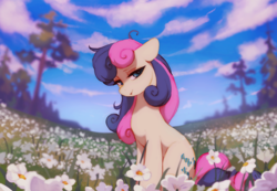 Size: 1780x1234 | Tagged: safe, artist:orchidpony, character:bon bon, character:sweetie drops, species:earth pony, species:pony, g4, adorabon, cloud, cute, female, flower, lidded eyes, mare, scenery, scenery porn, sitting, sky, smiling, solo