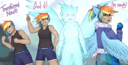 Size: 1920x985 | Tagged: safe, artist:flysouldragon, character:rainbow dash, species:human, alternate design, eared humanization, humanized, magical girl, solo, transformation, winged humanization, wings