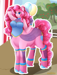 Size: 4728x6208 | Tagged: safe, artist:mailner, character:pinkie pie, species:anthro, species:centaur, anthro centaur, armpits, balloon, centaurified, clothing, colored hooves, cute, female, hooves, huge mane, lipstick, looking at you, redesign, smiling, solo, species swap, taur