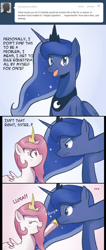 Size: 544x1283 | Tagged: safe, artist:sallymon, character:princess celestia, character:princess luna, species:alicorn, species:pony, gamer luna, age regression, ask, boop, comic, cute, cutelestia, eye contact, female, filly, foal, looking at each other, mare