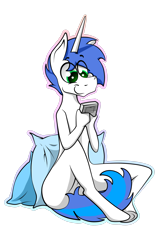 Size: 1600x2430 | Tagged: safe, artist:bumskuchen, oc, oc:shifting gear, species:anthro, species:pony, species:unicorn, casual nudity, game boy, happy, nudity, pillow, simple background, smiling, solo, transparent background
