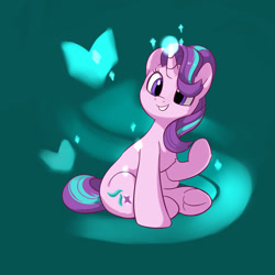 Size: 2000x2000 | Tagged: safe, artist:drtuo4, character:starlight glimmer, species:pony, species:unicorn, butterfly, cute, female, frog (hoof), glimmerbetes, glowing horn, green background, hoofbutt, horn, magic, mare, simple background, sitting, solo, underhoof, wrong eye color