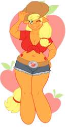 Size: 644x1238 | Tagged: safe, artist:sheela, character:applejack, species:anthro, species:unguligrade anthro, applebucking thighs, belly button, big breasts, breasts, busty applejack, cleavage, clothing, female, hat, impossibly wide hips, solo, wide hips, wink