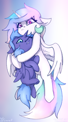 Size: 1080x1920 | Tagged: safe, artist:flysouldragon, character:princess celestia, character:princess luna, species:alicorn, species:pony, carrying, cewestia, cheek fluff, cute, duo, ear fluff, female, filly, foal, hug, leg fluff, phone wallpaper, royal sisters, siblings, sisters, wings, woona, younger