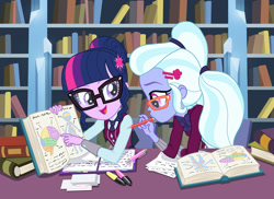 Size: 900x656 | Tagged: safe, artist:sapphiregamgee, character:sugarcoat, character:twilight sparkle, character:twilight sparkle (scitwi), species:eqg human, my little pony:equestria girls, book, bookshelf, bow tie, clothing, crystal prep, crystal prep academy, crystal prep academy uniform, crystal prep shadowbolts, female, glasses, library, school uniform, studying