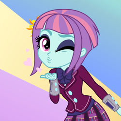 Size: 900x900 | Tagged: safe, artist:sapphiregamgee, character:sunny flare, equestria girls:friendship games, g4, my little pony: equestria girls, my little pony:equestria girls, abstract background, blowing a kiss, bow tie, clothing, crystal prep, crystal prep academy, crystal prep academy uniform, crystal prep shadowbolts, female, kissy face, one eye closed, school uniform, wink
