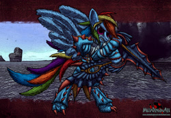 Size: 2945x2037 | Tagged: safe, artist:metadragonart, character:rainbow dash, species:pegasus, species:pony, armor, badass, female, mare, monster hunter, solo, spread wings, weapon, wings