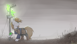 Size: 1400x800 | Tagged: safe, artist:flysouldragon, oc, oc only, oc:littlepip, oc:pyrelight, species:balefire phoenix, species:phoenix, species:pony, species:unicorn, fallout equestria, bag, bandage, clothing, duo, fanfic, fanfic art, female, fog, hooves, horn, looking back, mare, pipbuck, raised hoof, saddle bag, vault suit, wasteland, ych result