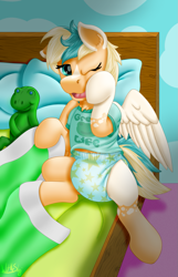 Size: 825x1280 | Tagged: safe, artist:wittleskaj, oc, oc only, oc:sun light, species:pegasus, species:pony, bed, clothing, cute, diaper, female, filly, foal, frog, morning, pegasus oc, plushie, pullup (diaper), shirt, sleepy, wings, yawn