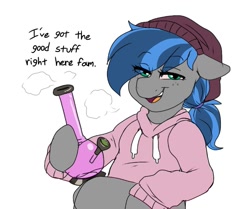 Size: 1195x1000 | Tagged: safe, artist:littlebibbo, oc, oc only, oc:bibbo, species:pegasus, species:pony, beanie, bong, clothing, drugs, female, floppy ears, freckles, hat, high, holding, hoodie, lidded eyes, looking at you, mare, marijuana, smiling, smoke, solo, stoned