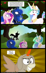 Size: 1500x2400 | Tagged: safe, artist:bednarowski, artist:epulson, character:cranky doodle donkey, character:princess cadance, character:princess celestia, character:princess luna, species:alicorn, species:donkey, species:pony, comic, fake horn, fake wings, perry bible fellowship, seems legit