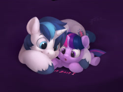 Size: 4000x3000 | Tagged: safe, artist:drtuo4, character:shining armor, character:twilight sparkle, character:twilight sparkle (unicorn), species:pony, species:unicorn, bbbff, brother and sister, cute, duo, female, filly, filly twilight sparkle, high res, i love you, male, open mouth, prone, purple background, shining adorable, siblings, signature, simple background, sparkle siblings, stallion, twiabetes, weapons-grade cute, younger