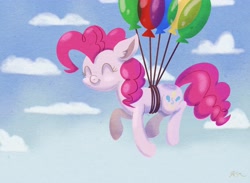 Size: 4500x3300 | Tagged: safe, artist:catscratchpaper, character:pinkie pie, species:earth pony, species:pony, balloon, cloud, cute, diapinkes, eyes closed, female, floating, mare, sky, smiling, solo, then watch her balloons lift her up to the sky