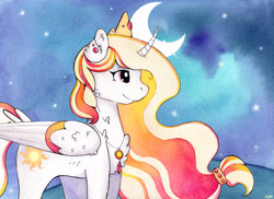 Size: 3360x2444 | Tagged: safe, artist:lightisanasshole, character:princess celestia, species:alicorn, species:pony, cheek fluff, chest fluff, crown, curved horn, cutie mark, ear fluff, ear piercing, earring, female, galaxy, horn, jewelry, leg fluff, moon, neck fluff, necklace, night, pendant, piercing, poster, profile, redesign, regalia, solo, stars