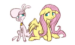Size: 2000x1200 | Tagged: safe, artist:canisrettmajoris, community related, character:fluttershy, character:pom lamb, species:pegasus, species:pony, species:sheep, them's fightin' herds, bell, cloven hooves, collar, crossover, duo, female, lamb, mare, simple background, white background