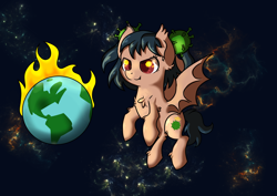 Size: 4448x3155 | Tagged: safe, artist:dumbwoofer, oc, oc only, oc:corona chan, species:bat pony, species:pegasus, species:pony, bat pony oc, bat wings, chaos, chest fluff, coronavirus, covid-19, death, destruction, ear fluff, earth, evil, evil grin, evil smirk, female, fire, giant bat pony, giant pony, grin, macro, plague, planet, pony bigger than a planet, reupload, smiling, solo, some mares just want to hear them everyone/everypony scream for no reason, some mares just want to watch the world burn, space, spread wings, tragedy, virus, wings
