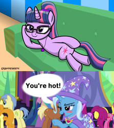 Size: 1280x1436 | Tagged: safe, artist:gradiusfanatic, edit, edited screencap, screencap, character:trixie, character:twilight sparkle, character:twilight sparkle (scitwi), species:pony, ship:twixie, episode:celestial advice, episode:on the road to friendship, g4, my little pony: friendship is magic, draw me like one of your french girls, equestria girls ponified, female, lesbian, meme, ponified, sci-twixie, shipping, shipping domino