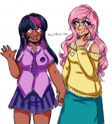 Size: 1280x1412 | Tagged: safe, artist:midoriya_shouto, artist:twi-shys, character:fluttershy, character:twilight sparkle, species:human, ship:twishy, bisexual pride flag, blushing, clothing, dark skin, female, holding hands, humanized, lesbian, light skin, necktie, pin, pride, pride flag, shipping, simple background, skirt, sweater, sweatershy, transgender pride flag, white background